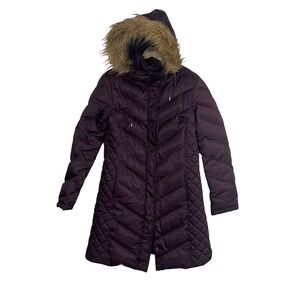 REACTION Kenneth Cole Womens Puffer Coat Jacket Burgundy Faux Fur Hood Medium‎